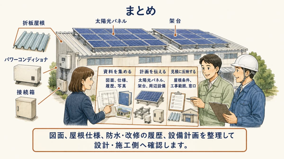 工場屋根の事前確認を完了して打ち合わせへ進む