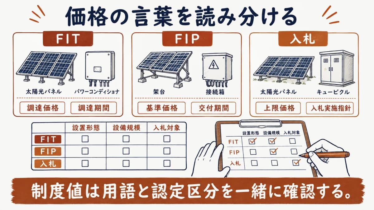 FIT・FIP・入札の価格用語を設置条件と結ぶ図。制度値は用語と認定区分を一緒に確認する。
