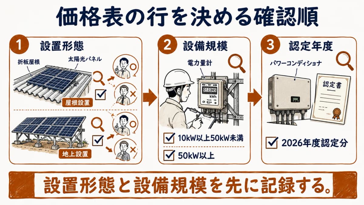 地上設置と屋根設置の区分を確認する担当者と太陽光設備。設置形態と設備規模を先に記録する。