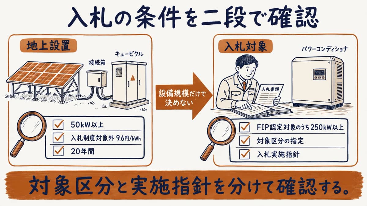 地上設置50kW以上の価格区分と入札条件を照合する図。入札制度対象外 9.6円/kWh。対象区分と実施指針を分けて確認する。