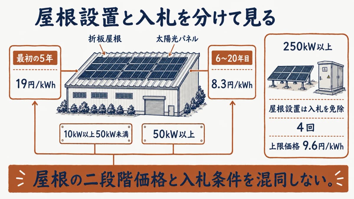 屋根の太陽光パネルと入札対象を別々に確認する比較図。上限価格 9.6円/kWh。屋根の二段階価格と入札条件を混同しない。