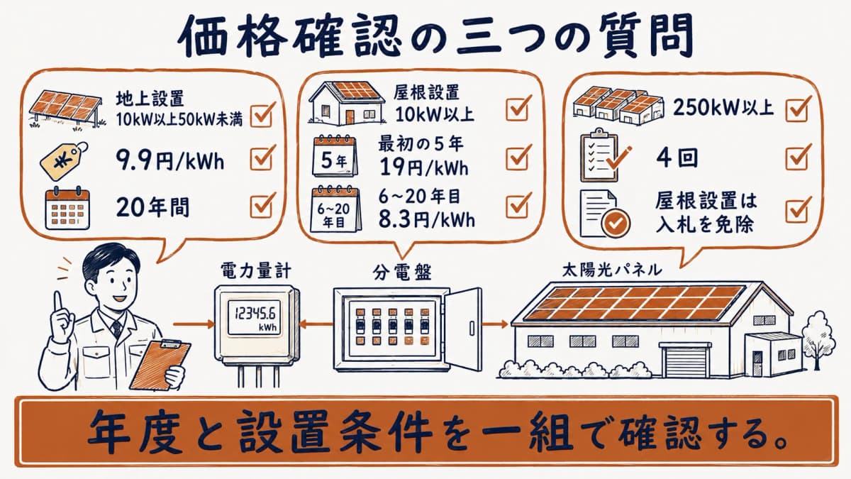 2026年度の価格確認で見る三つの質問をまとめた図。最初の5年 19円/kWh、6〜20年目 8.3円/kWh。年度と設置条件を一組で確認する。