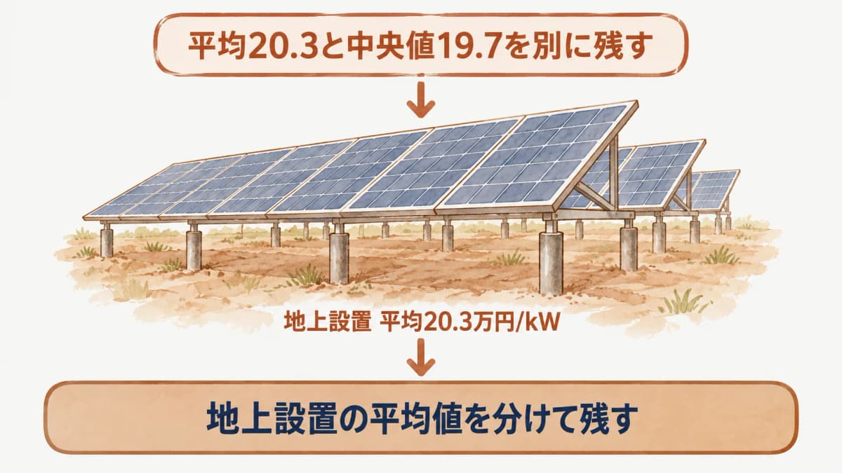 地上設置の平均20.3と中央値19.7を別の列に記録し架台と杭を描く図