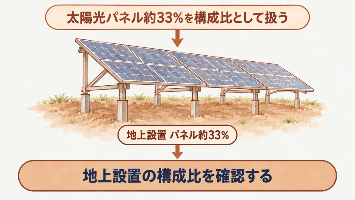 地上設置の内訳で太陽光パネル約33%を示しモジュールと架台を描く図