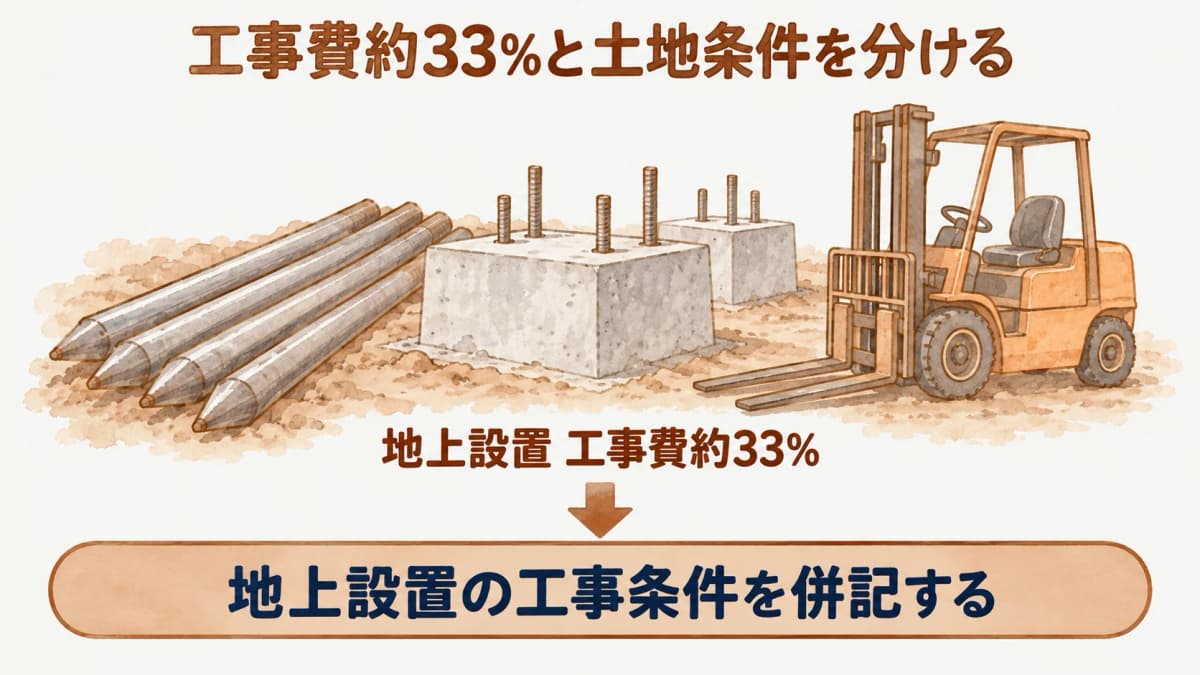 地上設置の内訳で工事費約33%を示し杭、基礎、フォークリフトを描く図