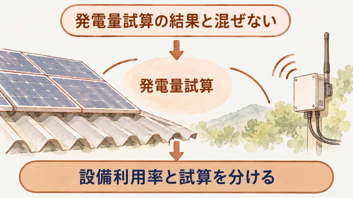 屋根、太陽光モジュール、影、遠隔監視装置を発電量試算の個別条件として分ける図