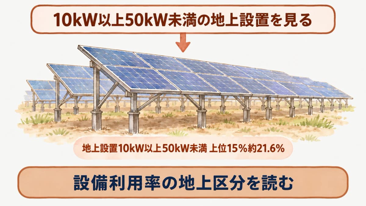 地上設置10kW以上50kW未満の上位15%水準約21.6%を条件とともに示す図