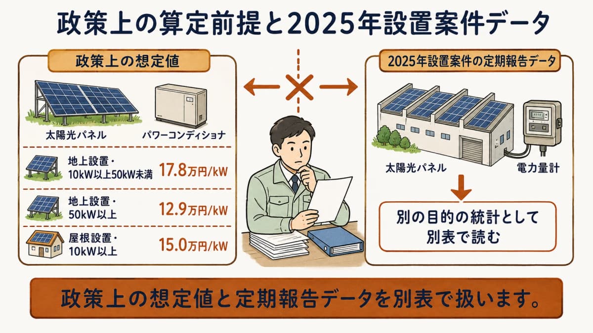 政策上の想定値と定期報告データを別に読む図。地上設置・10kW以上50kW未満 17.8万円/kW、地上設置・50kW以上 12.9万円/kW、屋根設置・10kW以上 15.0万円/kW。