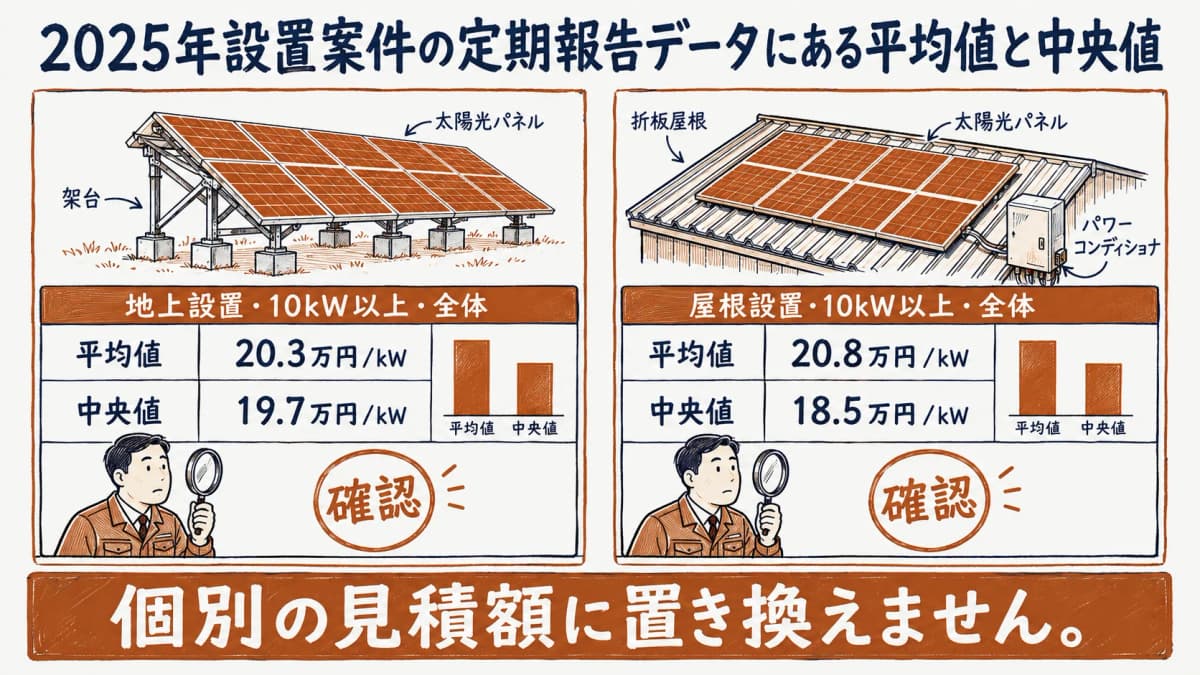 地上設置と屋根設置の定期報告データを別表にする図。平均値 20.3万円/kW、中央値 19.7万円/kW、平均値 20.8万円/kW、中央値 18.5万円/kW。