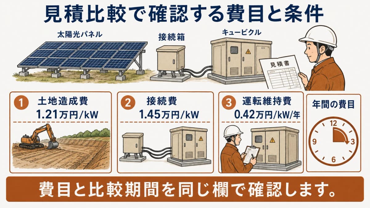 見積書の費目と比較条件を照合する太陽光設備の図。土地造成費 1.21万円/kW、接続費 1.45万円/kW、運転維持費 0.42万円/kW/年。