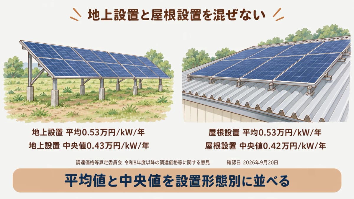 地上設置の平均0.53と中央値0.43、屋根設置の平均0.53と中央値0.42を並べる図