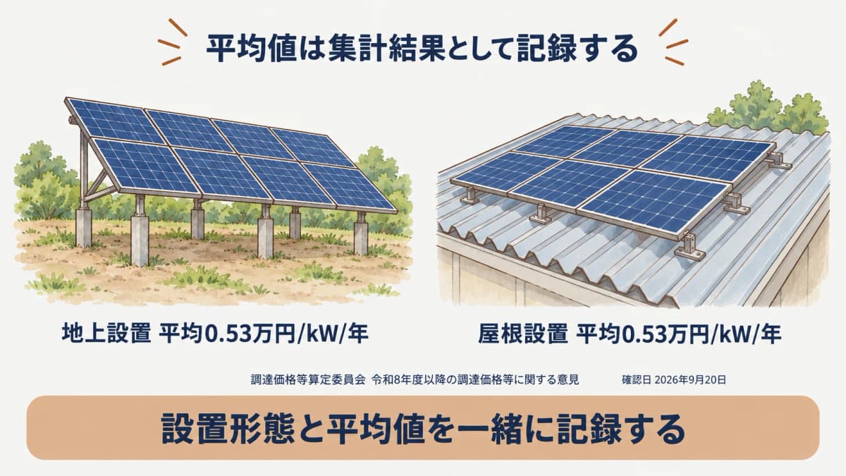 地上設置と屋根設置の平均0.53を対象条件と一緒に記録する図
