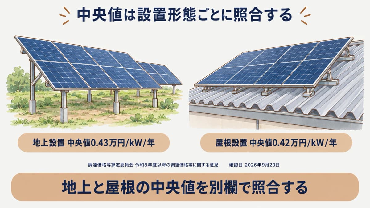 地上設置中央値0.43と屋根設置中央値0.42を別の欄で照合する図