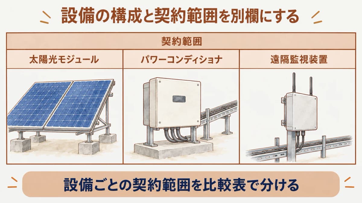太陽光モジュール、パワーコンディショナ、遠隔監視装置の契約範囲を比較表に分けて書く図