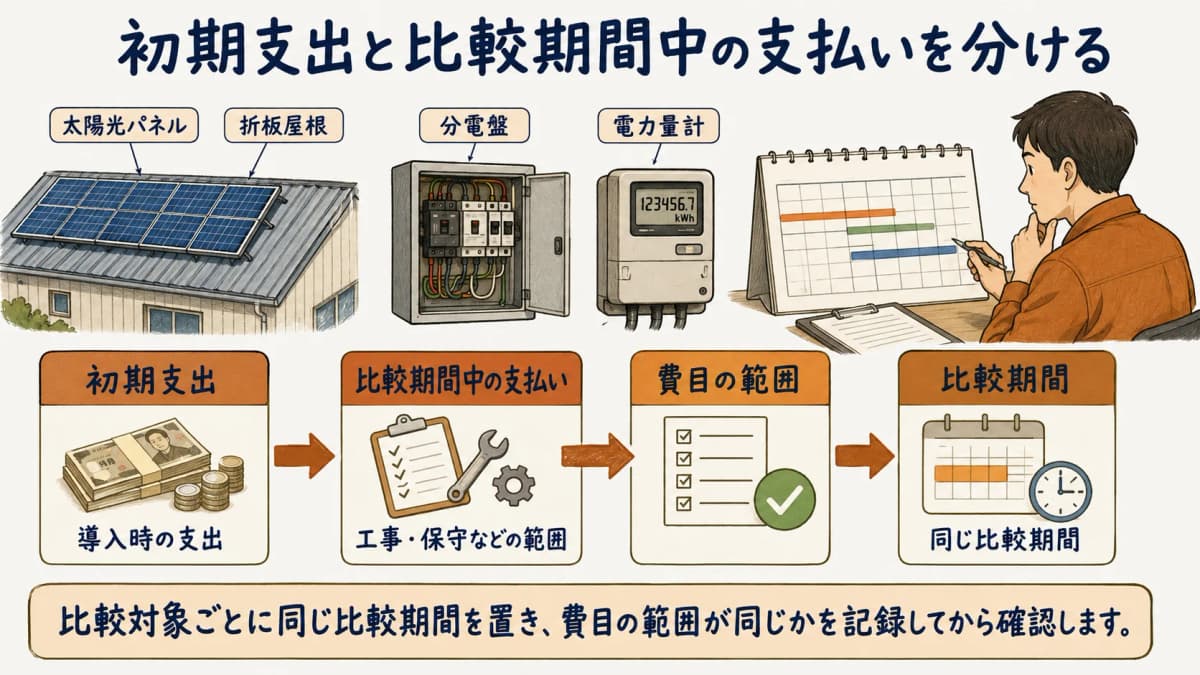 初期支出と比較期間中の支払いを時系列で確認する図