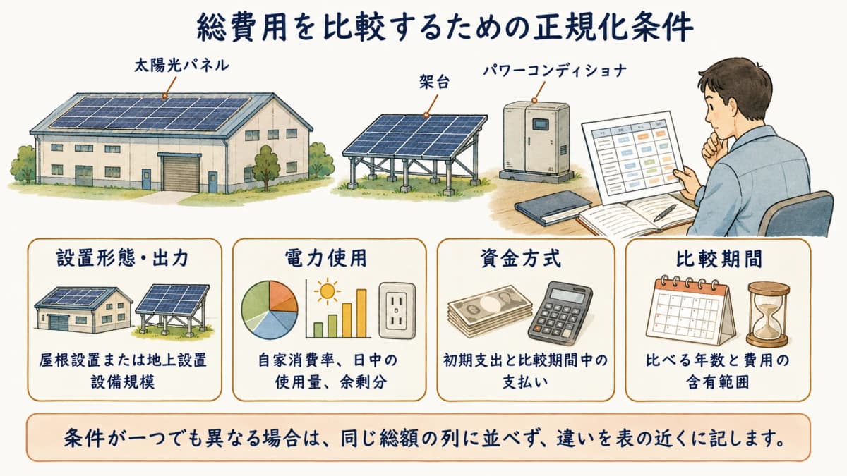 PPA太陽光の比較条件を同じ表にそろえる図