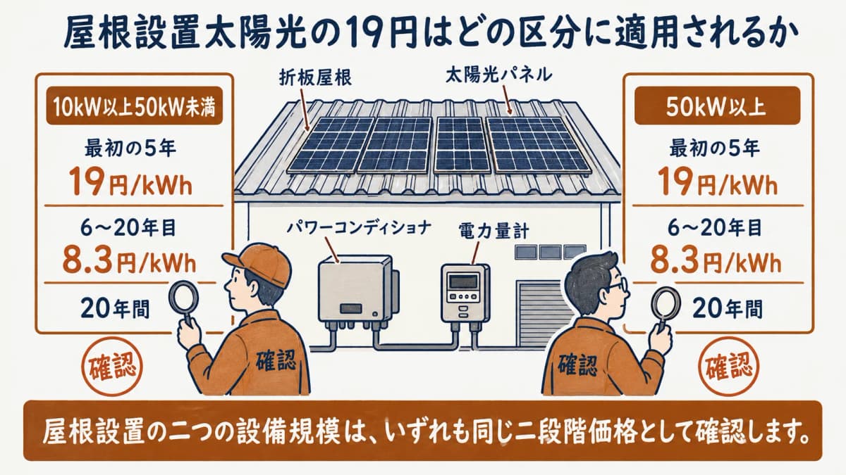 屋根設置太陽光の二つの出力区分と二段階価格を示す図。最初の5年 19円/kWh、6〜20年目 8.3円/kWh。屋根設置の二つの設備規模は、いずれも同じ二段階価格として確認します。