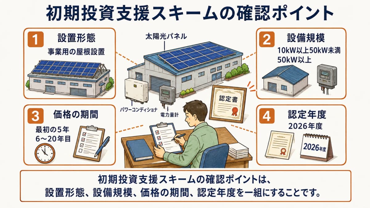 初期投資支援スキームで確認する四つの項目を示す図。初期投資支援スキームの確認ポイントは、設置形態、設備規模、価格の期間、認定年度を一組にすることです。