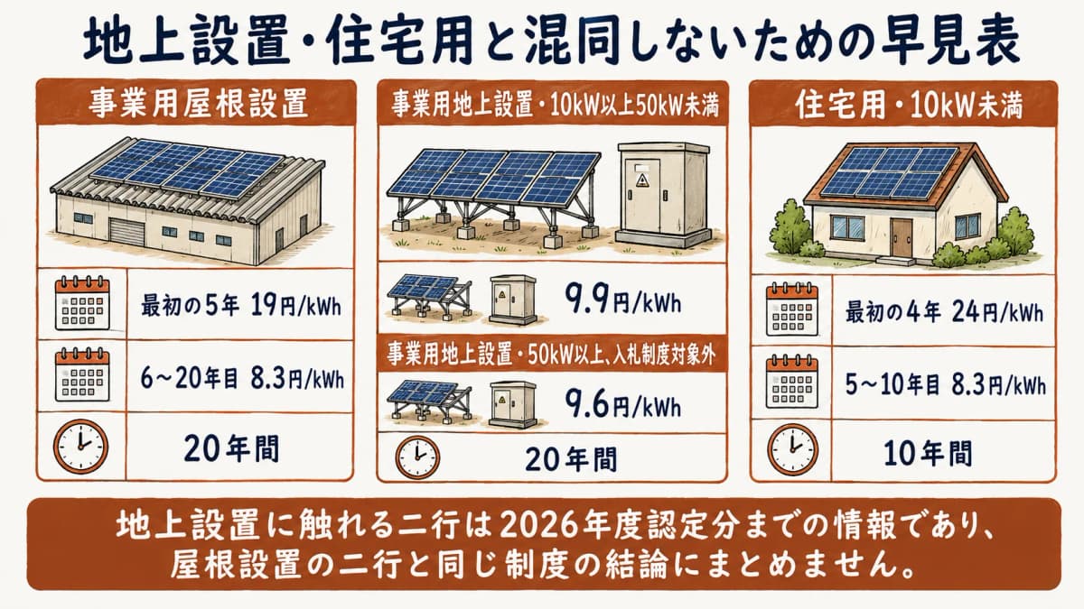 屋根設置・地上設置・住宅用の行を取り違えない早見図。最初の5年 19円/kWh、6〜20年目 8.3円/kWh、事業用地上設置・10kW以上50kW未満 9.9円/kWh、事業用地上設置・50kW以上、入札制度対象外 9.6円/kWh、最初の4年 24円/kWh、5〜10年目 8.3円/kWh。