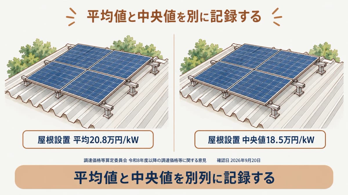 屋根設置の平均20.8と中央値18.5を別の列に記録する比較図