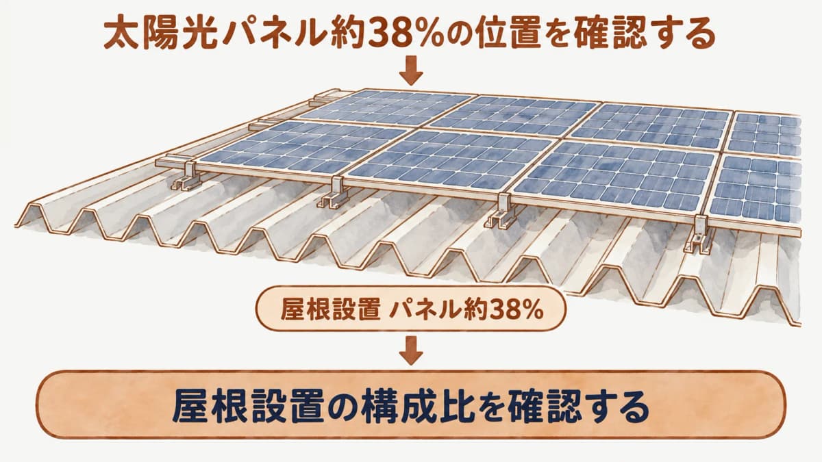屋根設置の内訳で太陽光パネル約38%を示しモジュールと架台を描く図