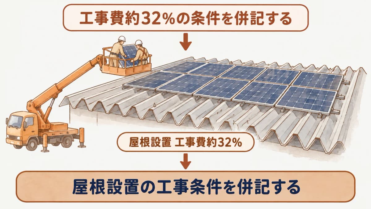 屋根設置の内訳で工事費約32%を示し折板屋根と高所作業車を描く図