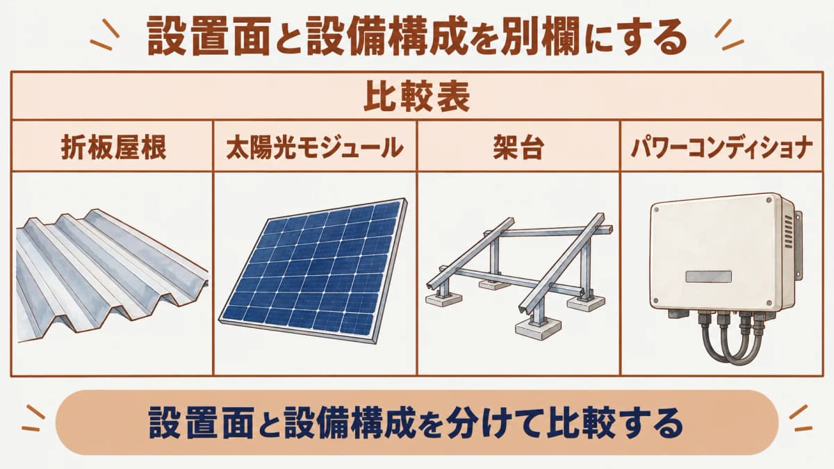 折板屋根、モジュール、架台、パワーコンディショナを比較表の別欄に置く図