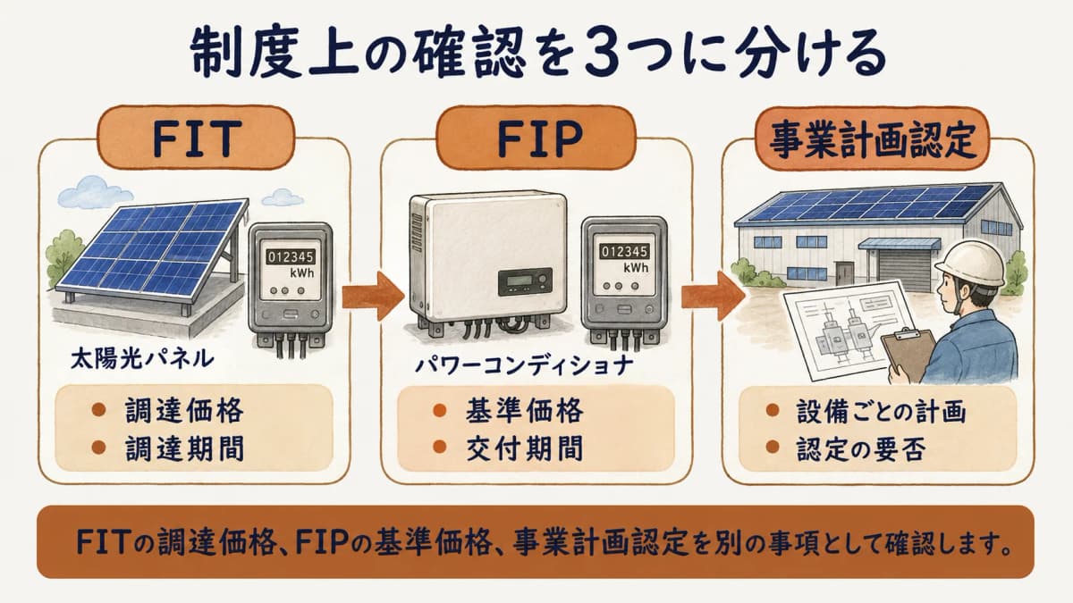 FITとFIPと事業計画認定を分けて確認する図