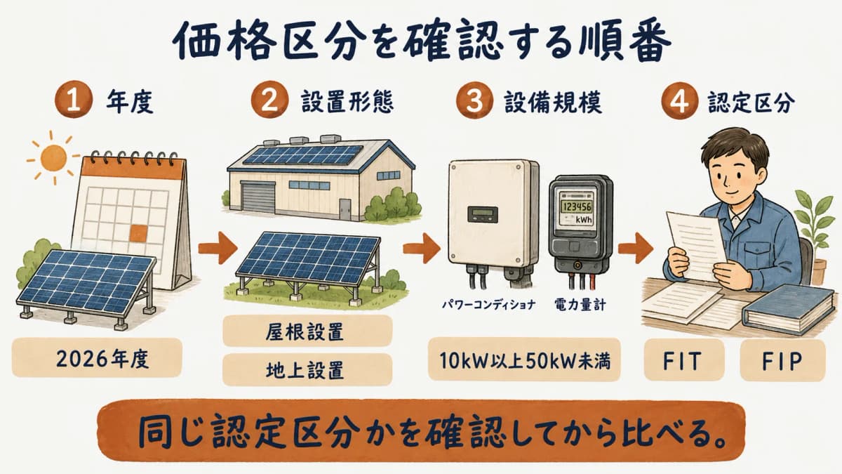 年度と設置形態と出力で価格区分を確認する太陽光設備