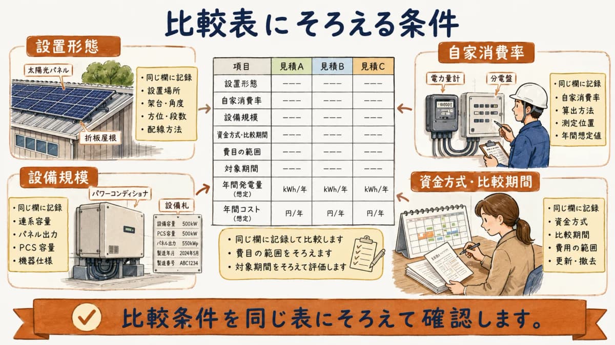 見積比較の条件を太陽光パネルと電力量計で整理する図