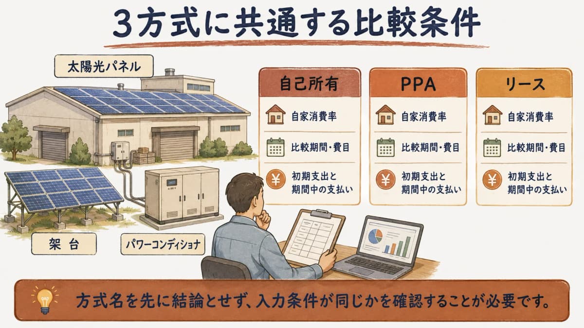 自己所有とPPAとリースで共通条件を入力する図