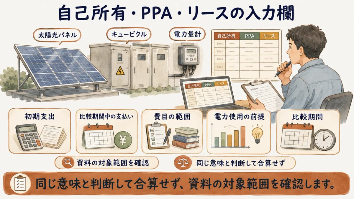 3方式の比較表に共通の入力欄を置く図