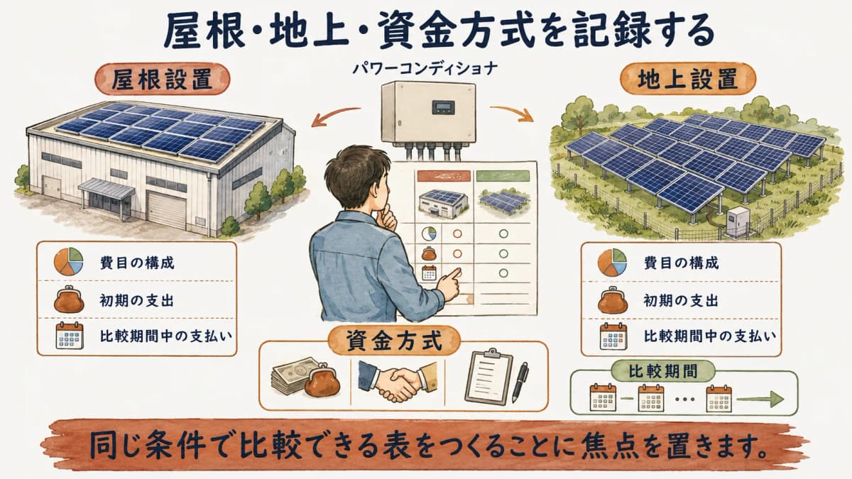 屋根設置と地上設置と資金方式を分けて記録する図
