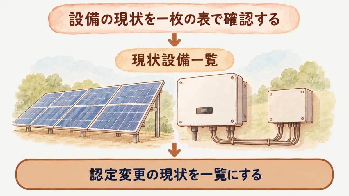 太陽光モジュール、パワーコンディショナ、接続箱を現状資料と結び付ける整理図