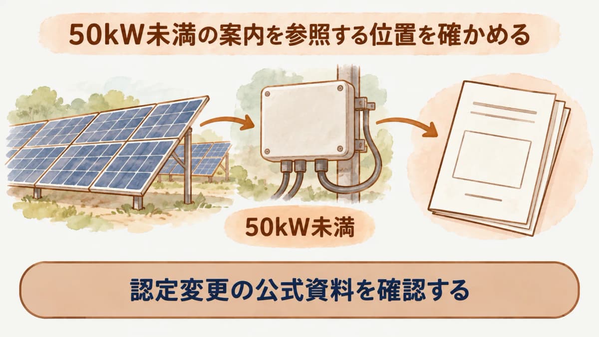 50kW未満の設備情報と公式資料の確認日を照合する相談前の図