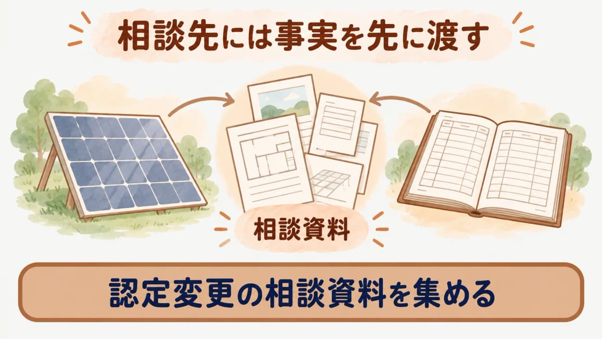 施設管理、契約担当、保守担当が相談資料を一つの台帳へ集める図