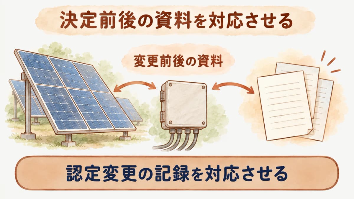 変更前の設備一覧、確認メモ、変更後の資料を矢印で結ぶ記録図