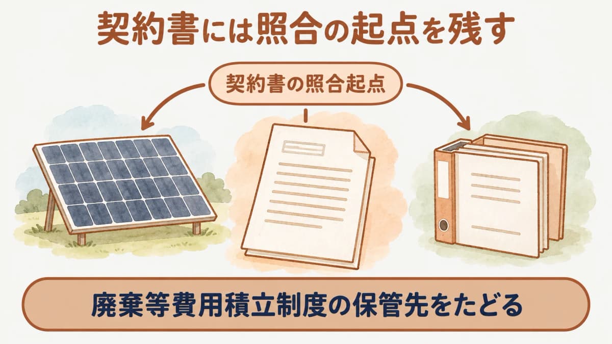 契約書、設備一覧、保守記録を保管先へつなぐ書類整理図