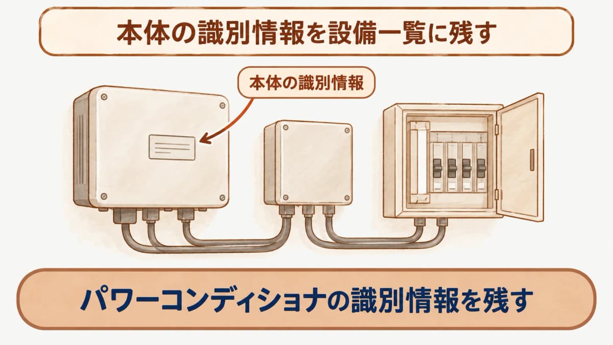 パワーコンディショナ、接続箱、配電盤、キュービクルを設備一覧で結ぶ図