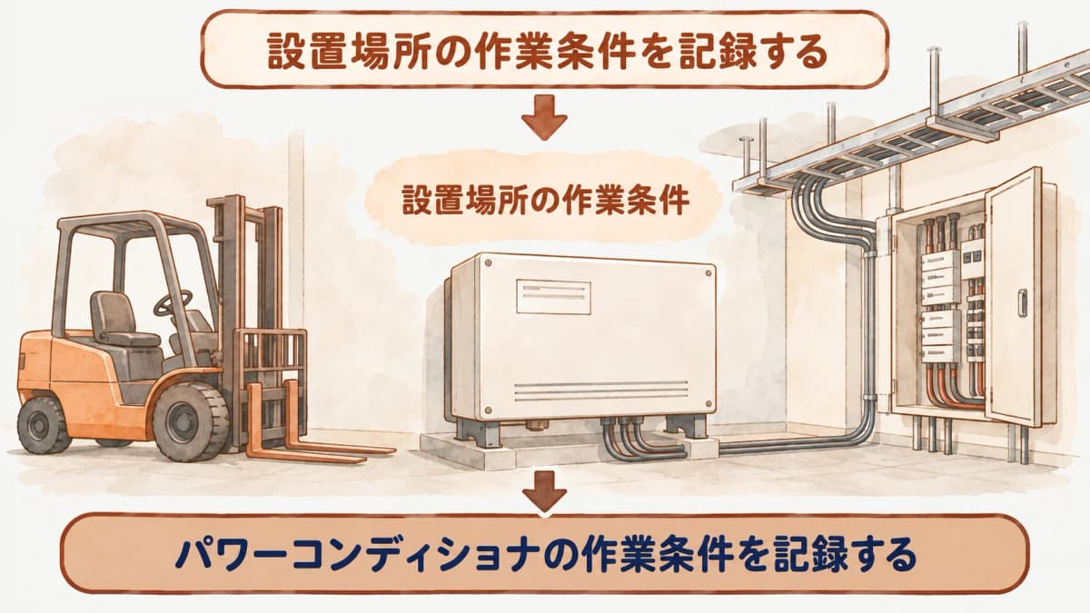 パワーコンディショナの周囲に配線ラック、フォークリフト動線、分電盤を描く現地確認図