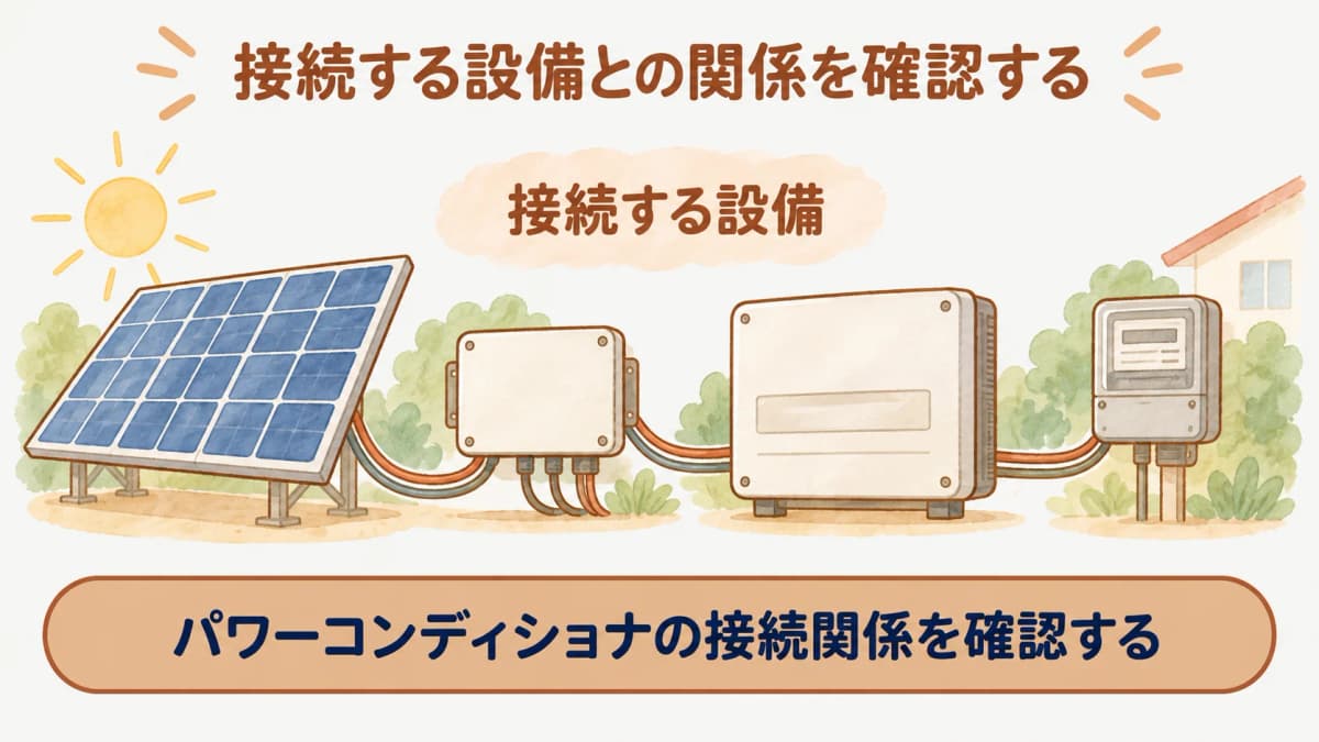 太陽光モジュールから接続箱、パワーコンディショナ、電力量計へつながる設備関係図