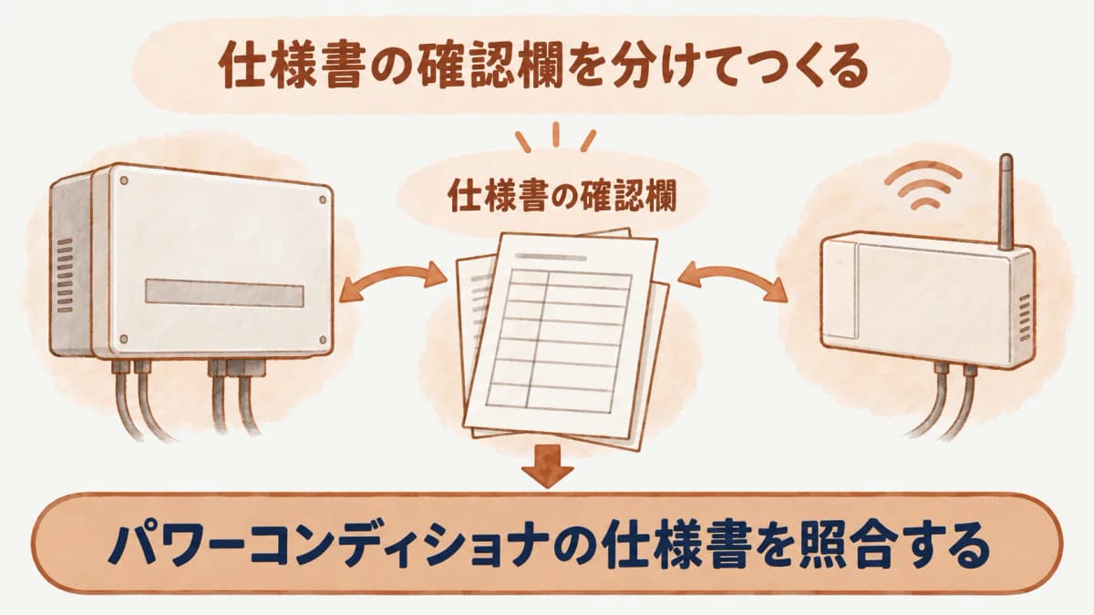 仕様書、設備一覧、監視記録を確認済みと未確認に分ける書類図