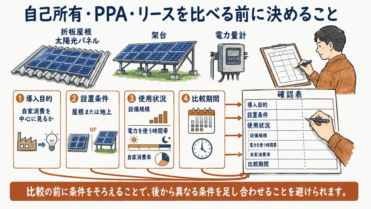 自己所有・PPA・リースを比べる前に条件をそろえる図。比較の前に条件をそろえることで、後から異なる条件を足し合わせることを避けられます。