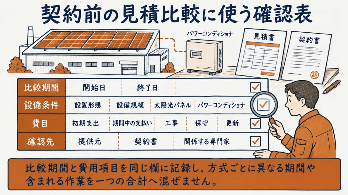 契約前の見積比較で確認表を埋める図