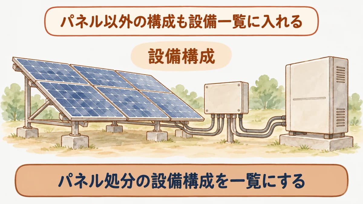太陽光モジュール、架台、接続箱、パワーコンディショナを設備一覧で整理する図