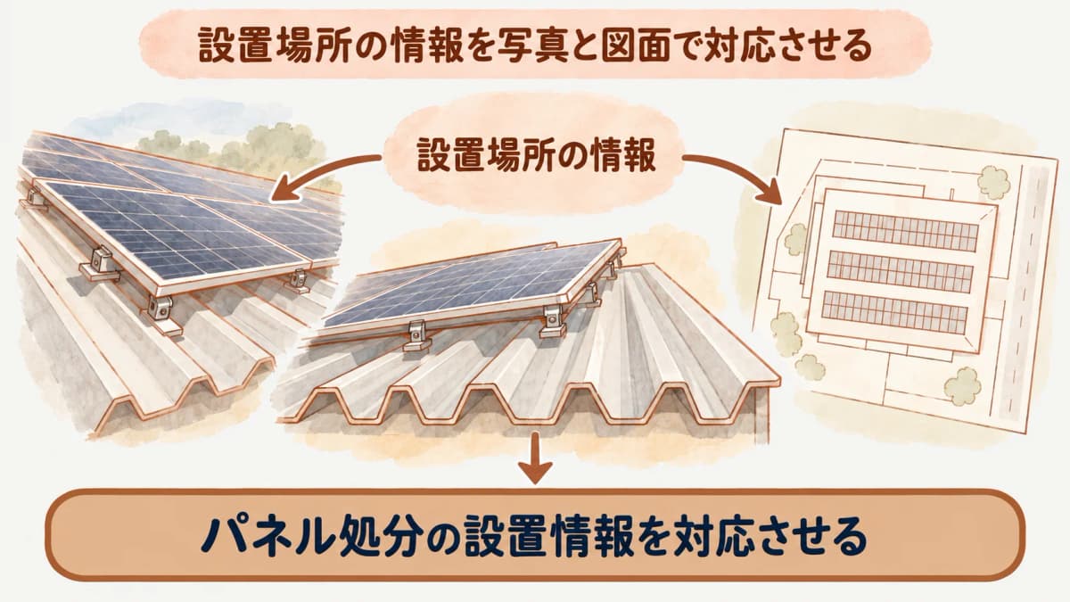 屋根の太陽光モジュールと配置図、現場写真を同じ設備番号で対応させる図