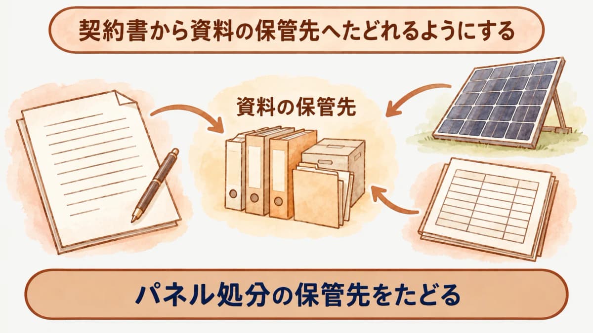 契約書から設備一覧、配置図、保守記録の保管先へつながる書類図