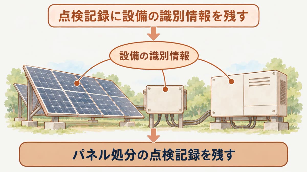 点検日、対象モジュール列、接続箱、パワーコンディショナを台帳に記録する図