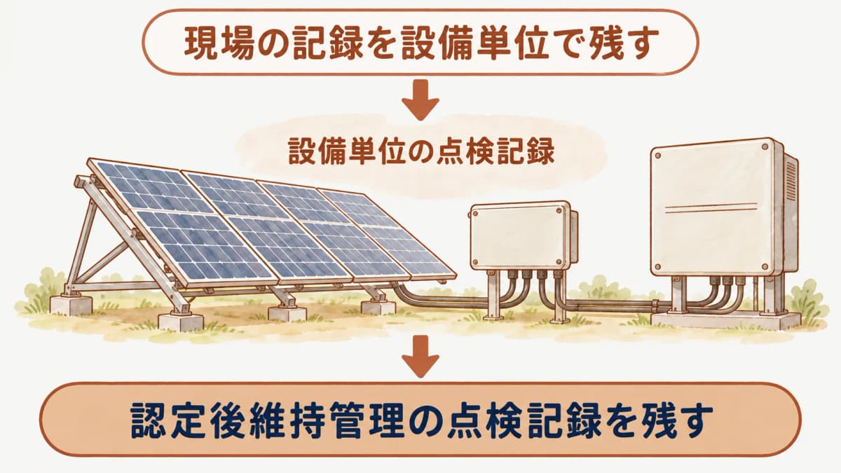 太陽光モジュール、架台、接続箱、パワーコンディショナの点検記録を対応させる図