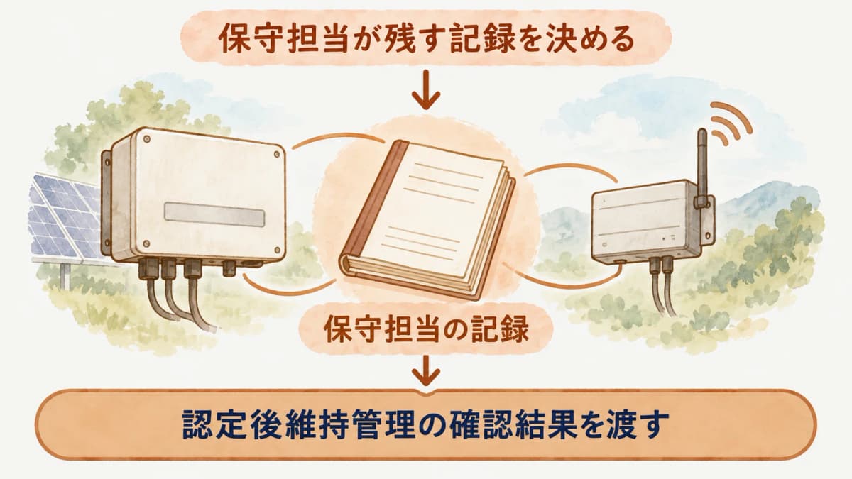 保守担当の点検票から社内台帳へ確認結果を受け渡す流れ図